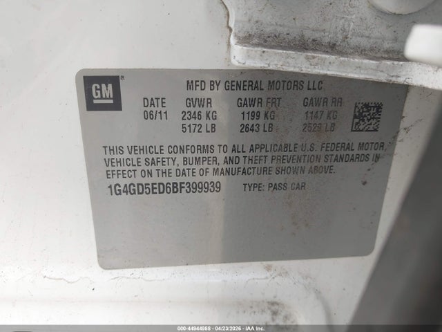 Aukcja sprzedaży 2011 Buick Lacrosse Cxl, vin: 1G4GD5ED6BF399939, numer aukcji: 44944988