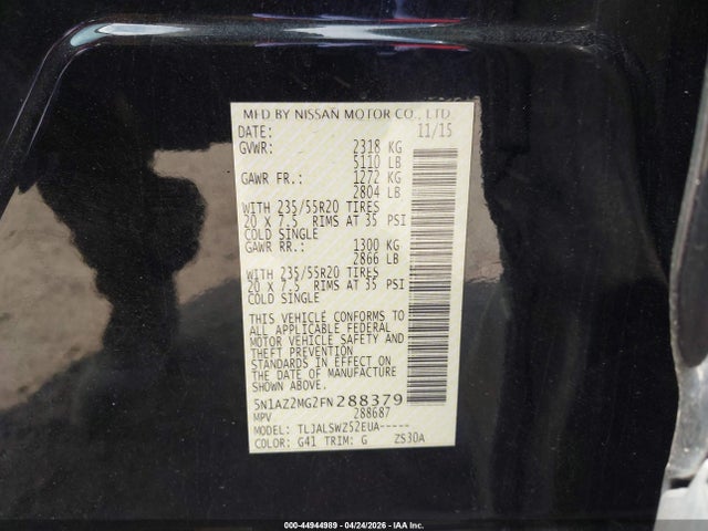 Продажа на аукционе авто 2015 Nissan Murano Platinum, vin: 5N1AZ2MG2FN288379, номер лота: 44944989