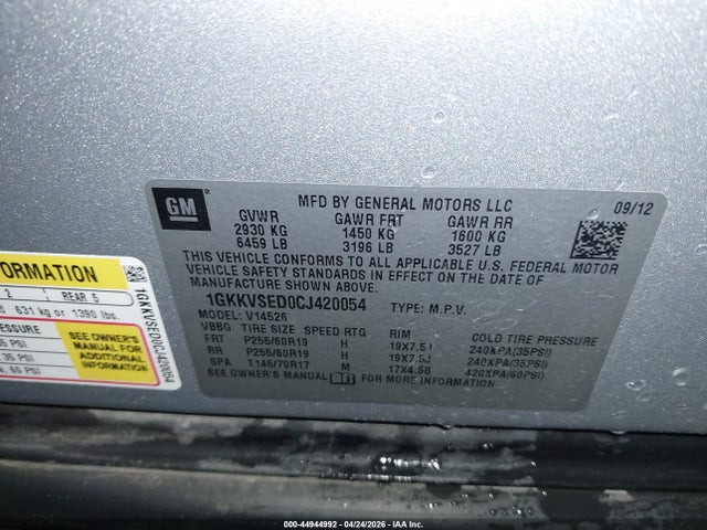 44944992 :رقم المزاد ، 1GKKVSED0CJ420054 vin ، 2012 Gmc Acadia Slt-2 مزاد بيع