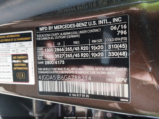 Продажа на аукционе авто 2016 Mercedes-benz Gle 350, vin: 4JGDA5JB6GA788214, номер лота: 44944996