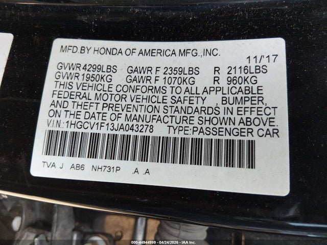 Продажа на аукционе авто 2018 Honda Accord Lx, vin: 1HGCV1F13JA043278, номер лота: 44944999