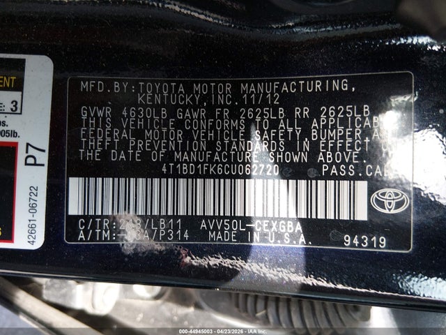 2012 Toyota Camry Hybrid Xle მანქანა იყიდება აუქციონზე, vin: 4T1BD1FK6CU062720, აუქციონის ნომერი: 44945003