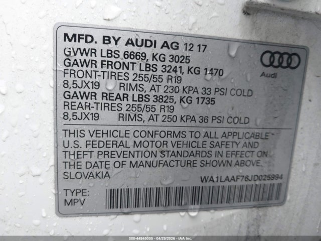 44945005 :رقم المزاد ، WA1LAAF76JD025994 vin ، 2018 Audi Q7 3.0t Premium مزاد بيع