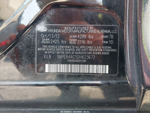 Продаж на аукціоні авто 2013 Hyundai Sonata Gls, vin: 5NPEB4AC5DH623672, номер лоту: 44945022