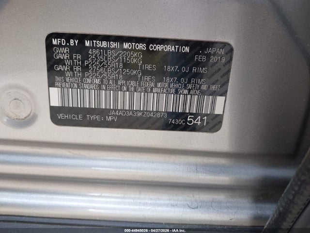 JA4AD3A39KZ042873 Mitsubishi Outlander Le/se/sel