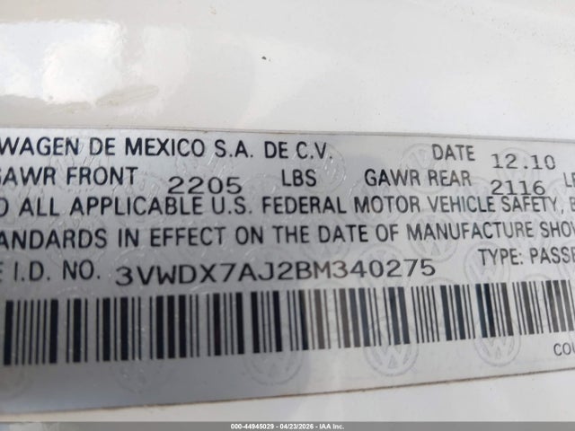 44945029 :رقم المزاد ، 3VWDX7AJ2BM340275 vin ، 2011 Volkswagen Jetta 2.5l Se مزاد بيع
