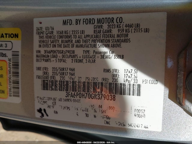 44945050 :رقم المزاد ، 3FA6P0H70GR379038 vin ، 2016 Ford Fusion Se مزاد بيع