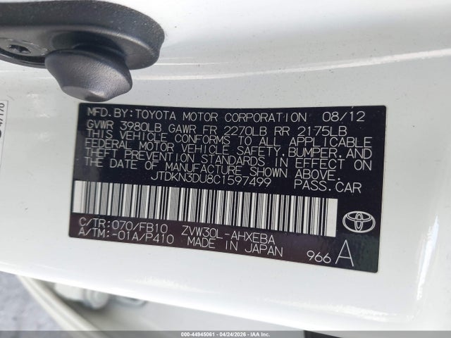 Aukcja sprzedaży 2012 Toyota Prius Two, vin: JTDKN3DU8C1597499, numer aukcji: 44945061