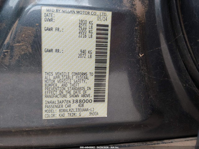 2014 Nissan Altima 2.5 S მანქანა იყიდება აუქციონზე, vin: 1N4AL3AP7EN388000, აუქციონის ნომერი: 44945062