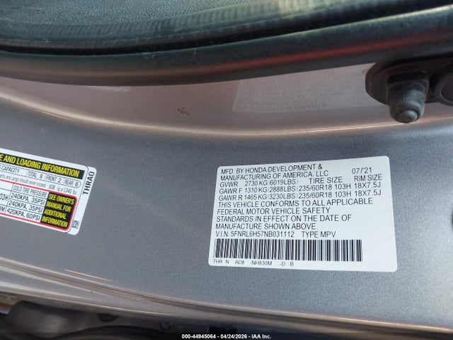 44945064 :رقم المزاد ، 5FNRL6H57NB031112 vin ، 2022 Honda Odyssey Ex مزاد بيع