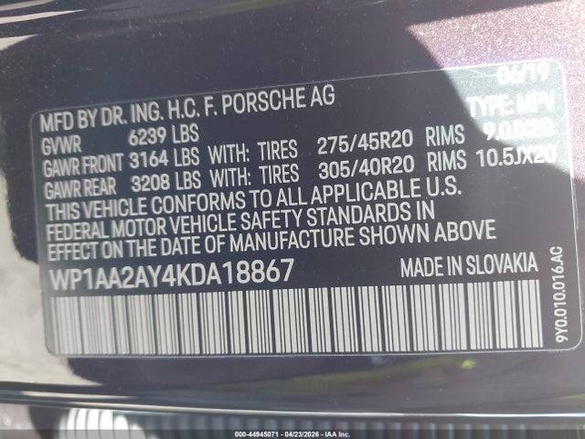 Auction sale of the 2019 Porsche Cayenne, vin: WP1AA2AY4KDA18867, lot number: 44945071