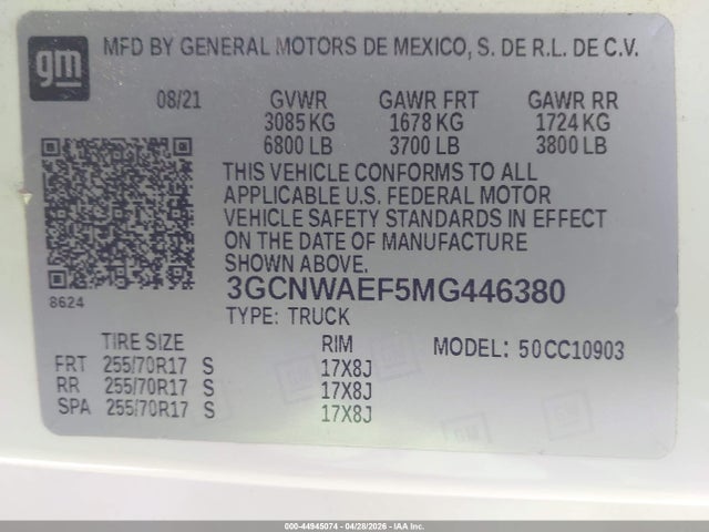 44945074 :رقم المزاد ، 3GCNWAEF5MG446380 vin ، 2021 Chevrolet Silverado 1500 2wd  Long Bed Wt مزاد بيع
