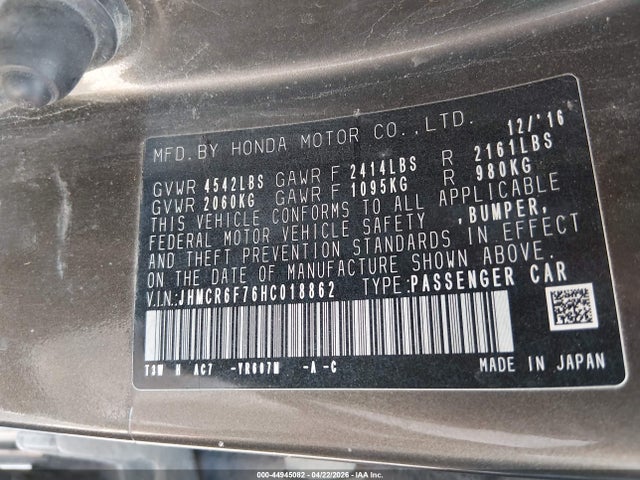 2017 Honda Accord Hybrid Touring მანქანა იყიდება აუქციონზე, vin: JHMCR6F76HC018862, აუქციონის ნომერი: 44945082