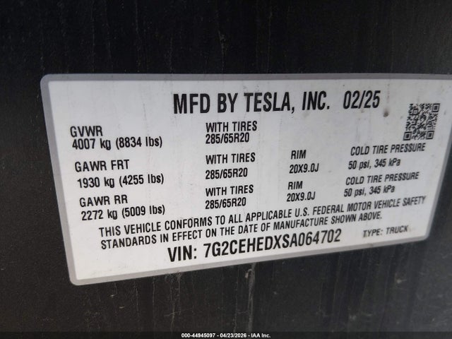 Aukcja sprzedaży 2025 Tesla Cybertruck, vin: 7G2CEHEDXSA064702, numer aukcji: 44945097