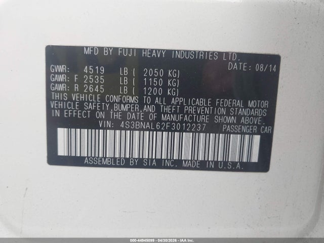 Продаж на аукціоні авто 2015 Subaru Legacy 2.5i Limited, vin: 4S3BNAL62F3012237, номер лоту: 44945099