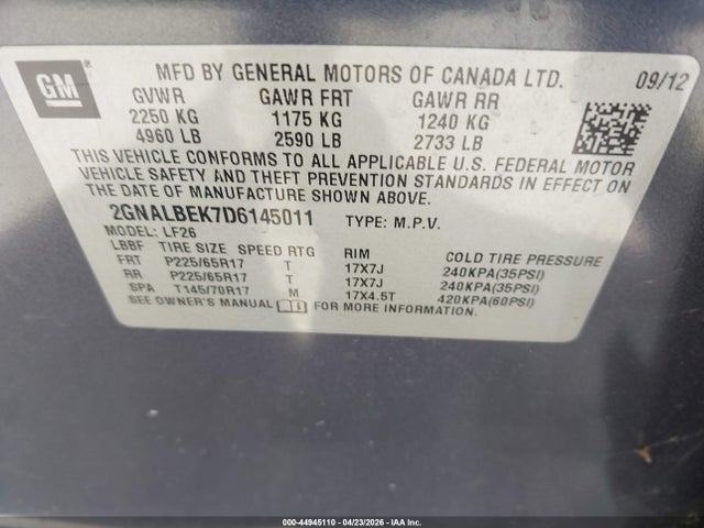 2013 Chevrolet Equinox Ls მანქანა იყიდება აუქციონზე, vin: 2GNALBEK7D6145011, აუქციონის ნომერი: 44945110