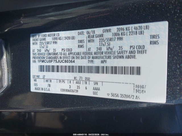 1FMCU0F75JUC80364 Ford ESCAPE S