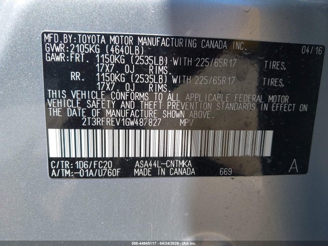 44945117 :رقم المزاد ، 2T3RFREV1GW487827 vin ، 2016 Toyota Rav4 Xle مزاد بيع
