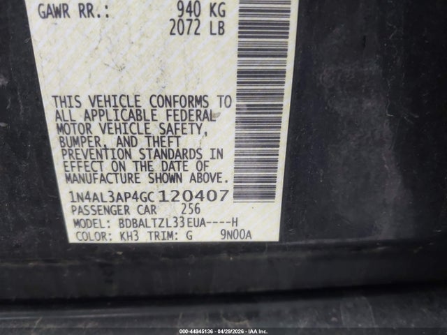 44945136 :رقم المزاد ، 1N4AL3AP4GC120407 vin ، 2016 Nissan Altima 2.5 Sl مزاد بيع