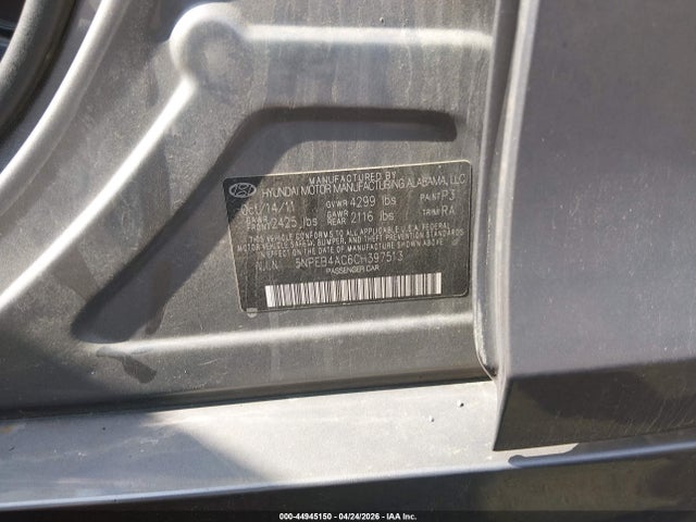44945150 :رقم المزاد ، 5NPEB4AC6CH397513 vin ، 2012 Hyundai Sonata Gls مزاد بيع