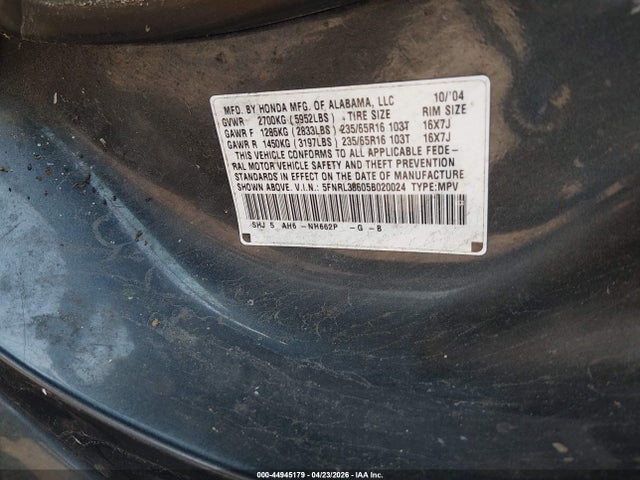 44945179 :رقم المزاد ، 5FNRL38605B020024 vin ، 2005 Honda Odyssey Ex-l مزاد بيع