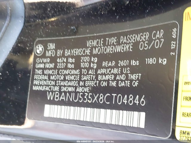 2008 Bmw 528i მანქანა იყიდება აუქციონზე, vin: WBANU535X8CT04846, აუქციონის ნომერი: 44945181