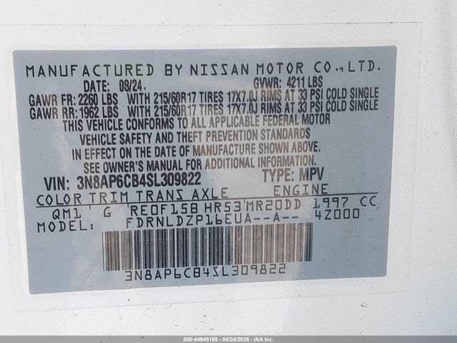 Aukcja sprzedaży 2025 Nissan Kicks Sv Intelligent Awd, vin: 3N8AP6CB4SL309822, numer aukcji: 44945188