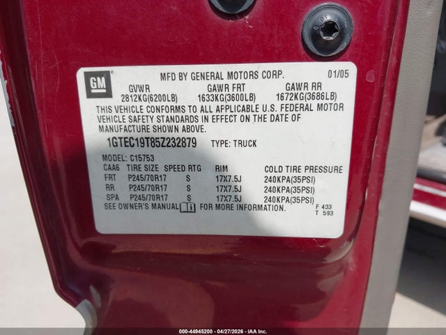 2005 Gmc Sierra 1500 Slt მანქანა იყიდება აუქციონზე, vin: 1GTEC19T85Z232879, აუქციონის ნომერი: 44945200