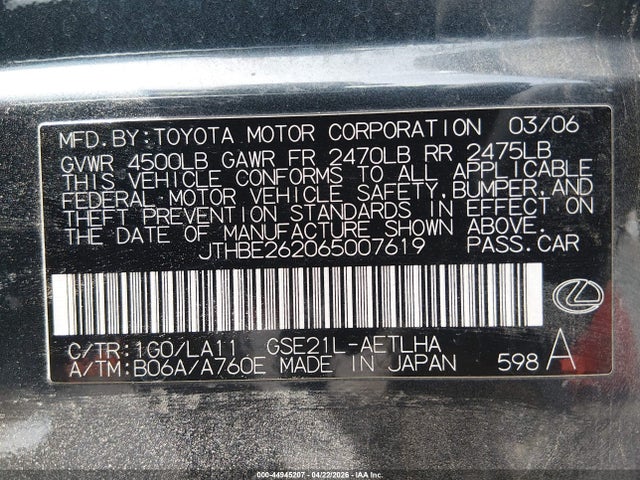 Aukcja sprzedaży 2006 Lexus Is 350, vin: JTHBE262065007619, numer aukcji: 44945207