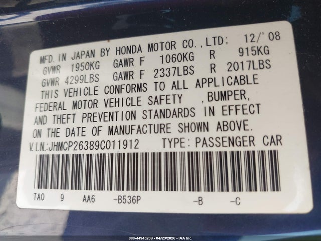 Продажа на аукционе авто 2009 Honda Accord 2.4 Lx, vin: JHMCP26389C011912, номер лота: 44945209