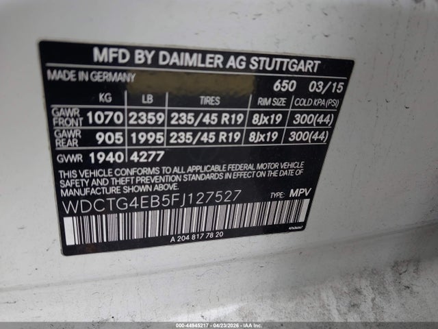 44945217 :رقم المزاد ، WDCTG4EB5FJ127527 vin ، 2015 Mercedes-benz Gla 250 مزاد بيع