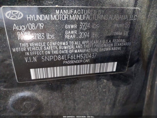 Aukcja sprzedaży 2020 Hyundai Elantra Sel, vin: 5NPD84LF6LH520437, numer aukcji: 44945231