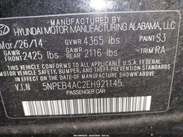 Aukcja sprzedaży 2014 Hyundai Sonata Gls, vin: 5NPEB4AC2EH921145, numer aukcji: 44945243