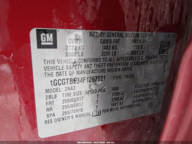 2015 Chevrolet Colorado Lt მანქანა იყიდება აუქციონზე, vin: 1GCGTBE34F1267021, აუქციონის ნომერი: 44945249