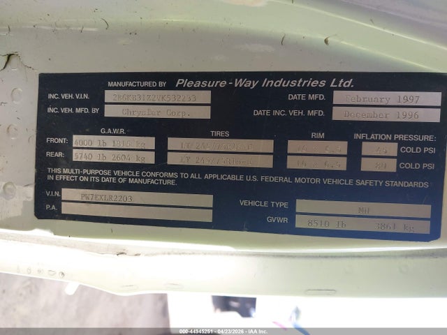 Aukcja sprzedaży 1997 Dodge Ram Van B3500, vin: 2B6KB31Z2VK532233, numer aukcji: 44945251