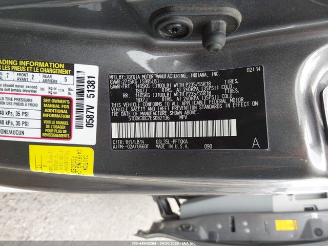 44945264 :رقم المزاد ، 5TDDK3DC7ES082136 vin ، 2014 Toyota Sienna Xle 7 Passenger مزاد بيع