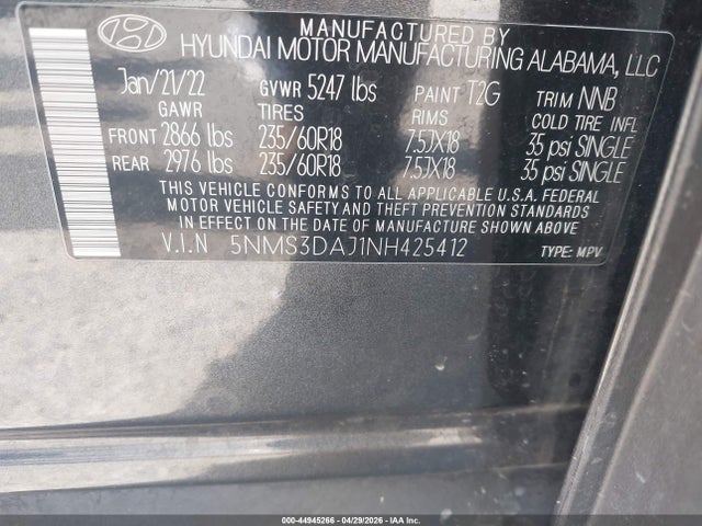 2022 Hyundai Santa Fe Sel მანქანა იყიდება აუქციონზე, vin: 5NMS3DAJ1NH425412, აუქციონის ნომერი: 44945266