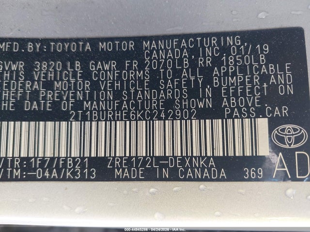 Продажа на аукционе авто 2019 Toyota Corolla Le, vin: 2T1BURHE6KC242902, номер лота: 44945286