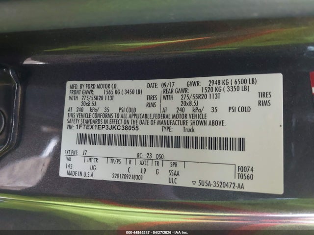 Aukcja sprzedaży 2018 Ford F-150 Xlt, vin: 1FTEX1EP3JKC38055, numer aukcji: 44945287