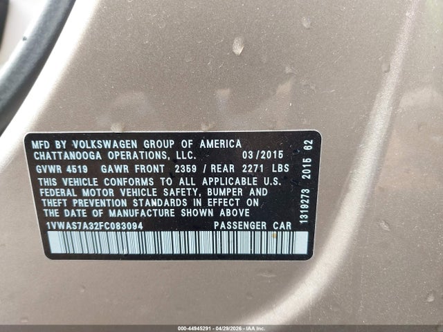 2015 Volkswagen Passat 1.8t Limited Edition მანქანა იყიდება აუქციონზე, vin: 1VWAS7A32FC083094, აუქციონის ნომერი: 44945291