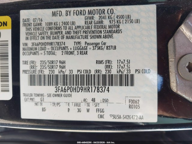 Продаж на аукціоні авто 2017 Ford Fusion Se, vin: 3FA6P0HD9HR178374, номер лоту: 44945295