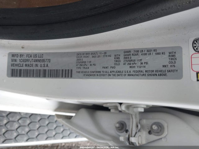 44945297 :رقم المزاد ، 1C6SRFJT4MN595770 vin ، 2021 Ram 1500 Laramie  4x4 5'7 Box مزاد بيع