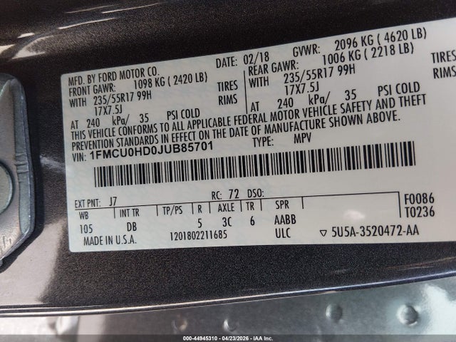44945310 :رقم المزاد ، 1FMCU0HD0JUB85701 vin ، 2018 Ford Escape Sel مزاد بيع