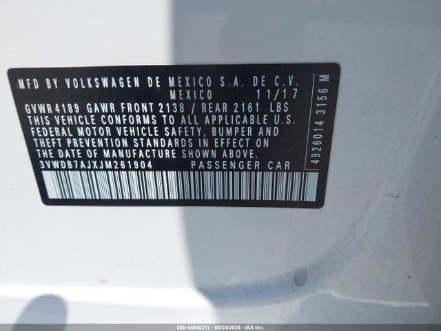 Aukcja sprzedaży 2018 Volkswagen Jetta 1.4t Se/1.4t Wolfsburg Edition, vin: 3VWDB7AJXJM261904, numer aukcji: 44945317