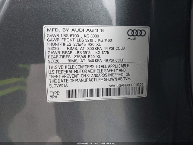 Продаж на аукціоні авто 2015 Audi Q7 3.0t Premium, vin: WA1LGAFE0FD011304, номер лоту: 44945326