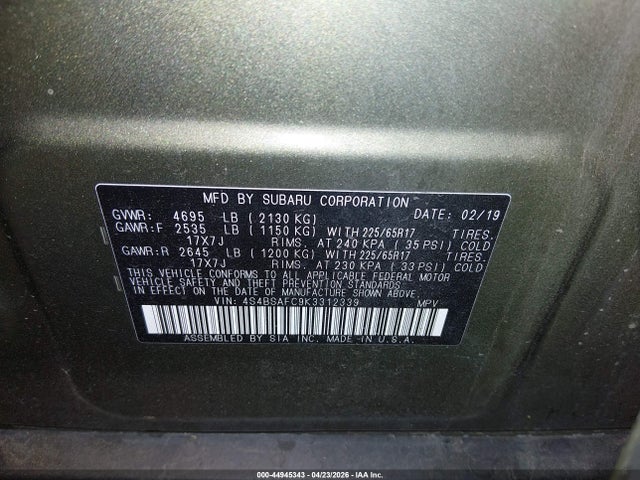 Aukcja sprzedaży 2019 Subaru Outback 2.5i Premium, vin: 4S4BSAFC9K3312339, numer aukcji: 44945343