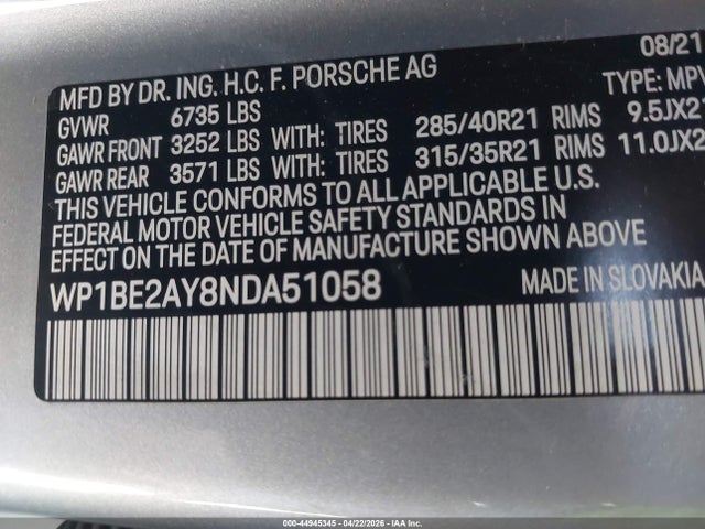 Продаж на аукціоні авто 2022 Porsche Cayenne E-hybrid Coupe Platinum Edition, vin: WP1BE2AY8NDA51058, номер лоту: 44945345
