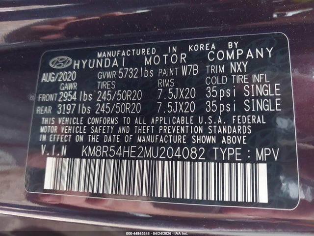 44945348 :رقم المزاد ، KM8R54HE2MU204082 vin ، 2021 Hyundai Palisade Limited مزاد بيع