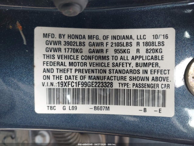 2016 Honda Civic Touring მანქანა იყიდება აუქციონზე, vin: 19XFC1F99GE223328, აუქციონის ნომერი: 44945349