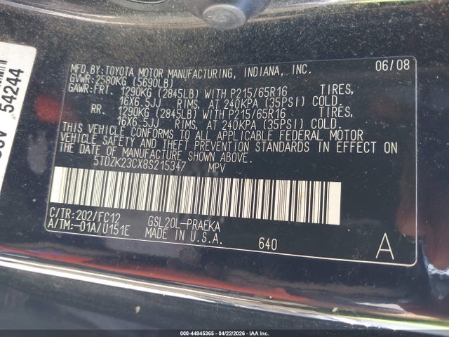 2008 Toyota Sienna Le მანქანა იყიდება აუქციონზე, vin: 5TDZK23CX8S215347, აუქციონის ნომერი: 44945365